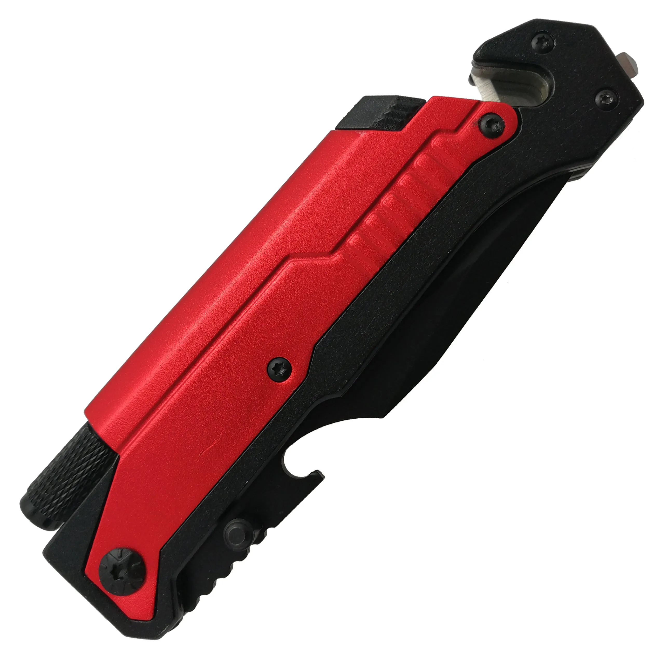 8 1/2" Folding Knife with LED light, cutter, glass breaker - Red