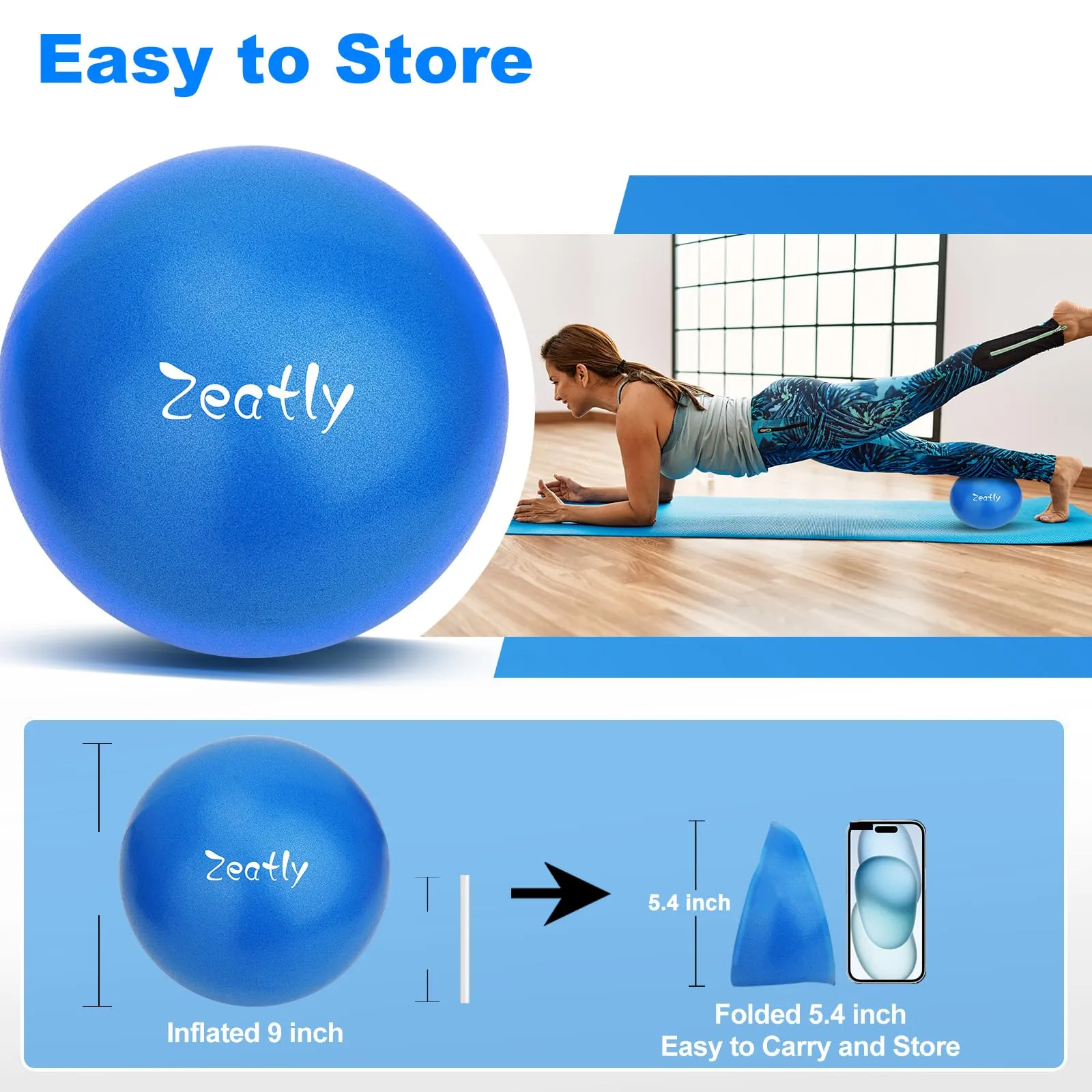 9 Inch Mini Exercise Ball for Pilates, Yoga, and Core Training, Small Exercise Ball with Pump, Guide for Physical Therapy, Balance, Stability, and Stretching, Ideal for Home land Office Fitness blue