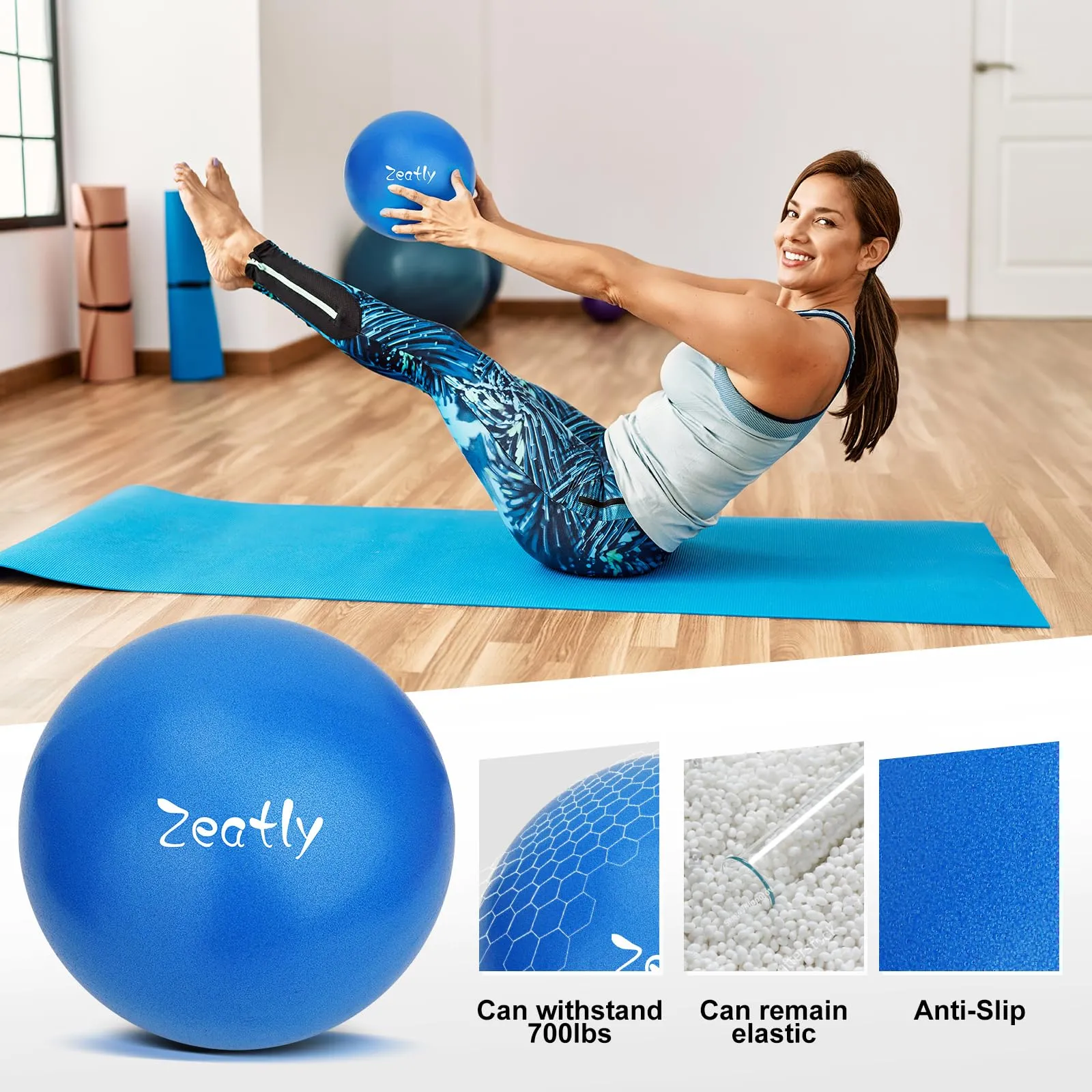 9 Inch Mini Exercise Ball for Pilates, Yoga, and Core Training, Small Exercise Ball with Pump, Guide for Physical Therapy, Balance, Stability, and Stretching, Ideal for Home land Office Fitness blue