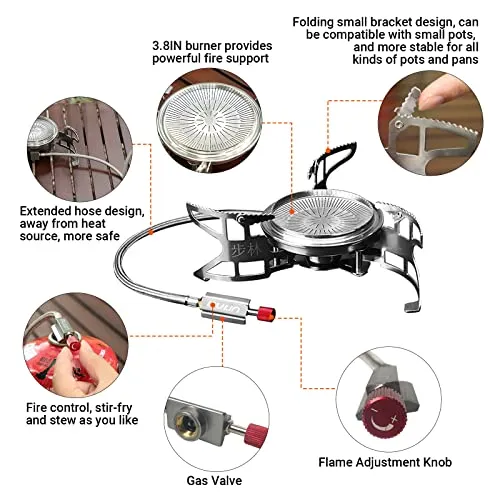 Bulin Camping Stove Backpacking Stove Portable Gas Stove with Piezo Ignition. 3800W Foldable Lightweight Cookware Outdoor Stove with Fuel Canister Adapter, Burner Kit for Camping Hiking Cooking