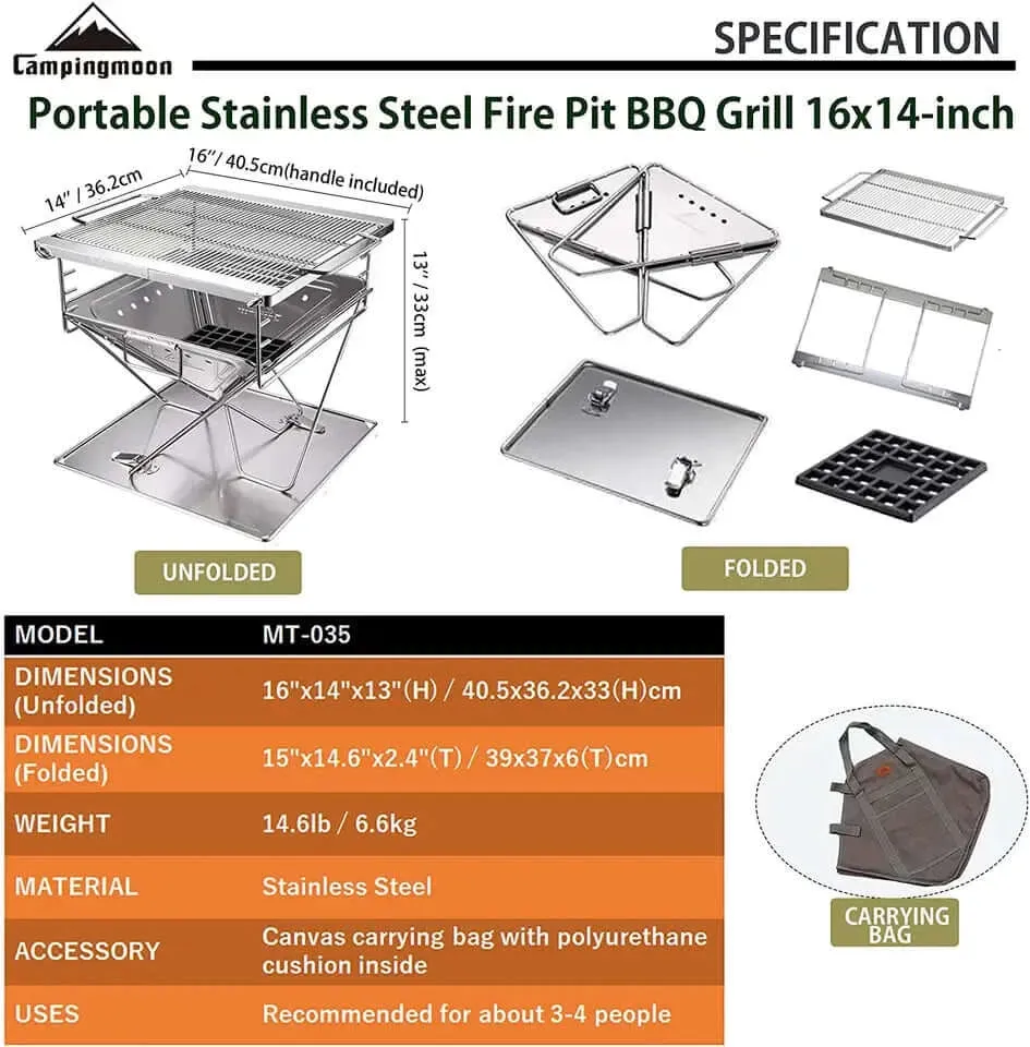 Campingmoon Stainless Steel Foldable Grill with Carrying Bag MT-035