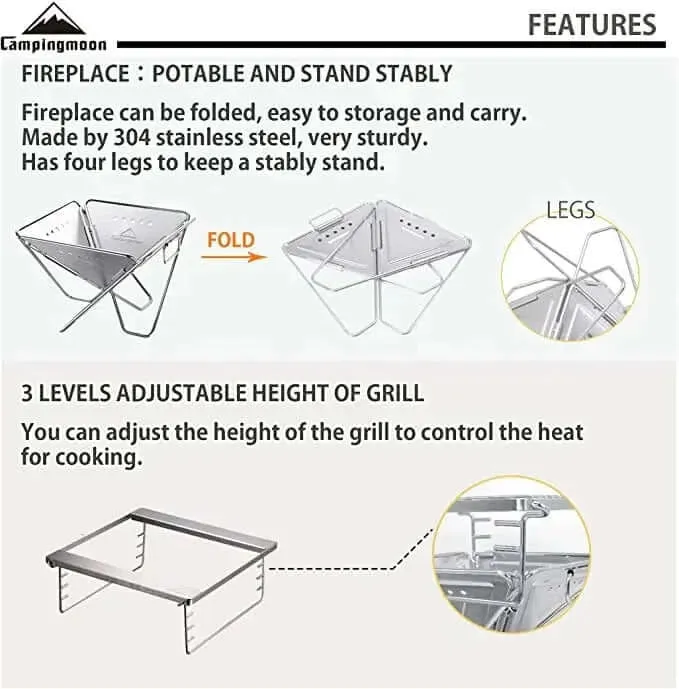 Campingmoon Stainless Steel Foldable Grill with Carrying Bag MT-035
