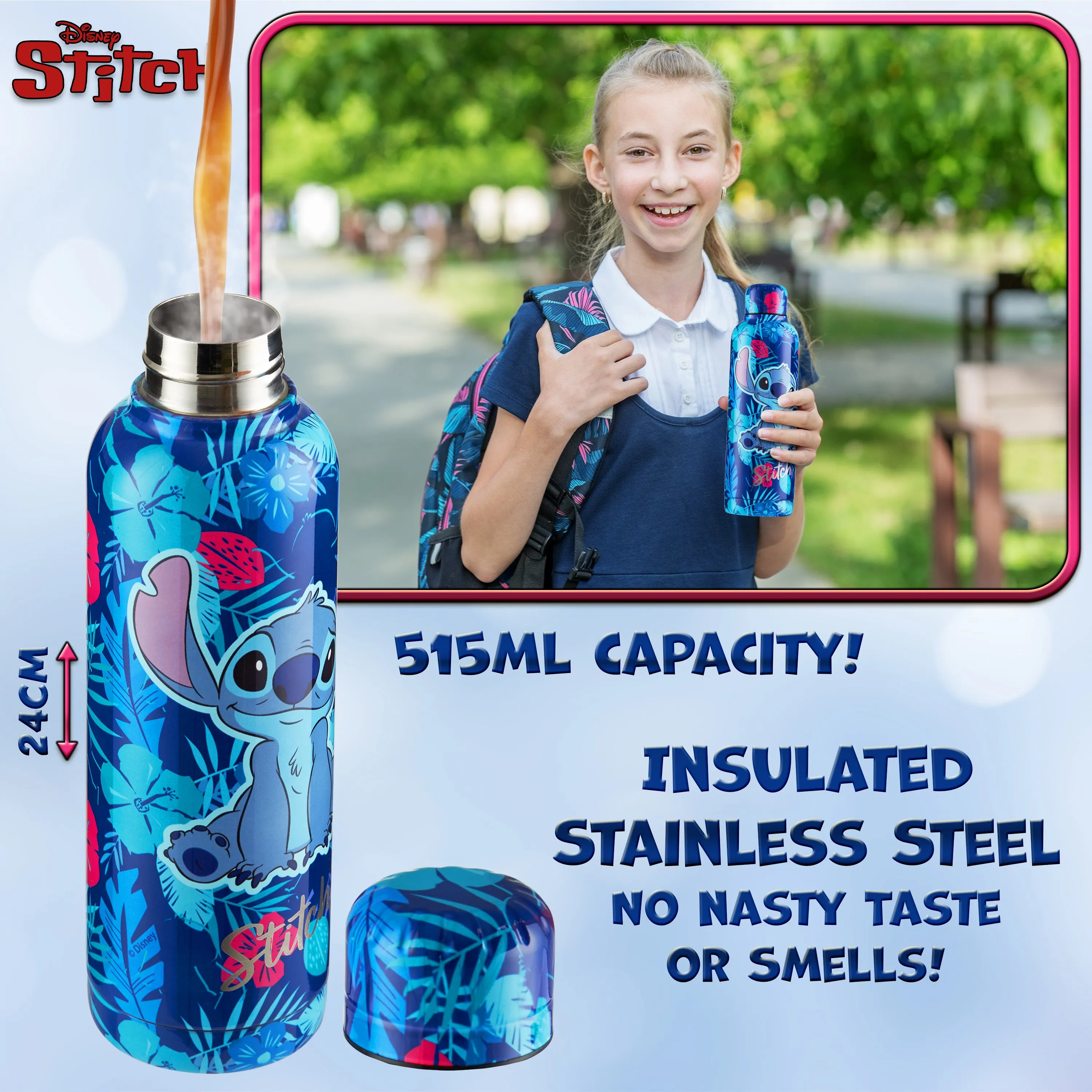 Disney Stitch Insulated Water Bottle - 515ml Stainless Steel Metal Drinks Bottle