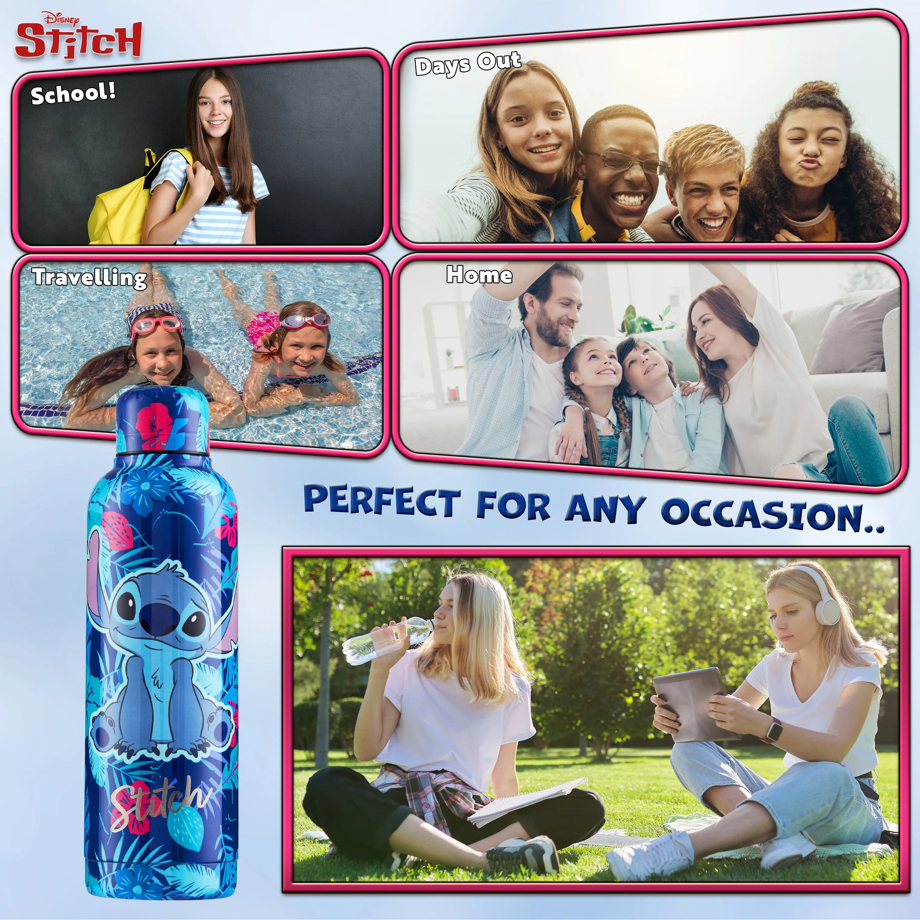 Disney Stitch Insulated Water Bottle - 515ml Stainless Steel Metal Drinks Bottle