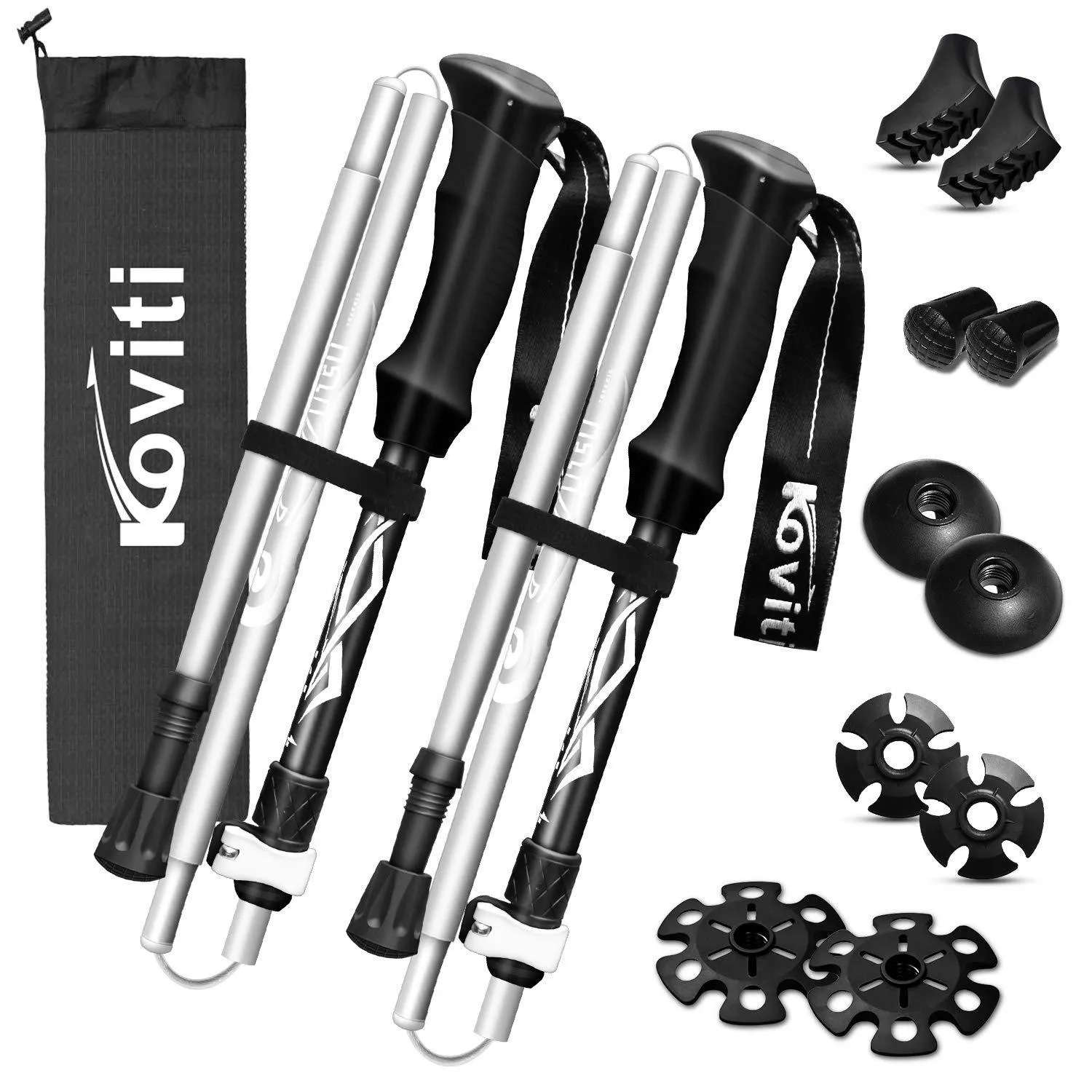 Koviti Trekking Poles Collapsible Hiking Poles - 2 Pack Auminum Alloy 7075 Walking Stick, Adjustable Quick Lock, Antishock Lightweight Folding Poles with 8 Season Accessories for Hiking, Camping