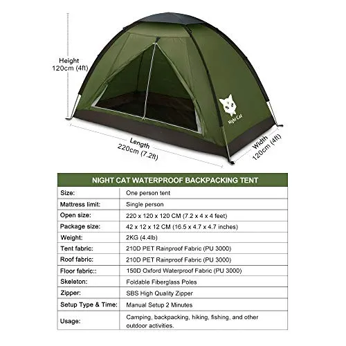 Night Cat Backpacking Tent for One 1 to 2 Persons Lightweight Waterproof Camping Hiking Tent for Adults Kids Scouts Easy Setup Single Layer 2.2x1.2m
