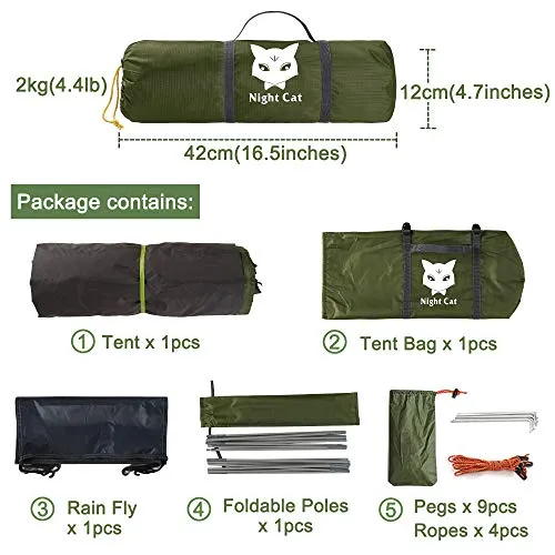 Night Cat Backpacking Tent for One 1 to 2 Persons Lightweight Waterproof Camping Hiking Tent for Adults Kids Scouts Easy Setup Single Layer 2.2x1.2m