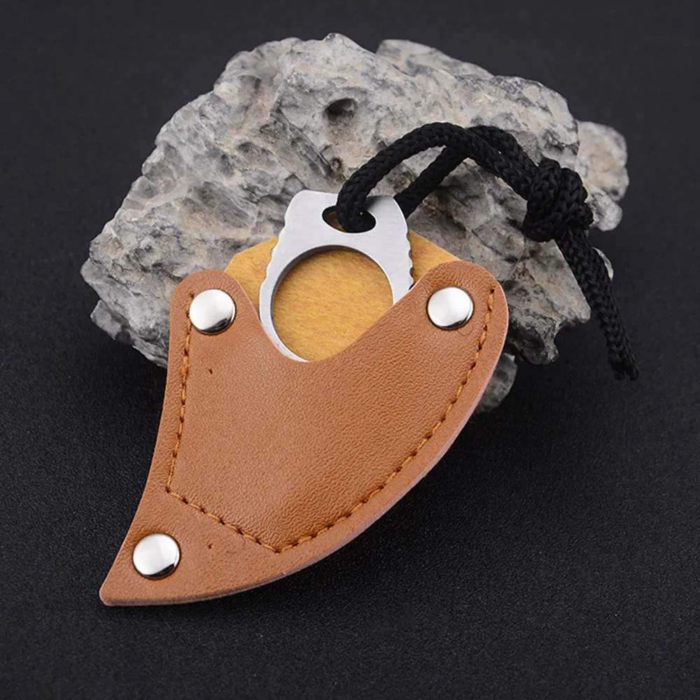 Outdoor Camping Carabiner Survival Finger Claw Knife Hook Fixed Ring Card EDC Tool Mini Pocket Knife with Leather Sheath