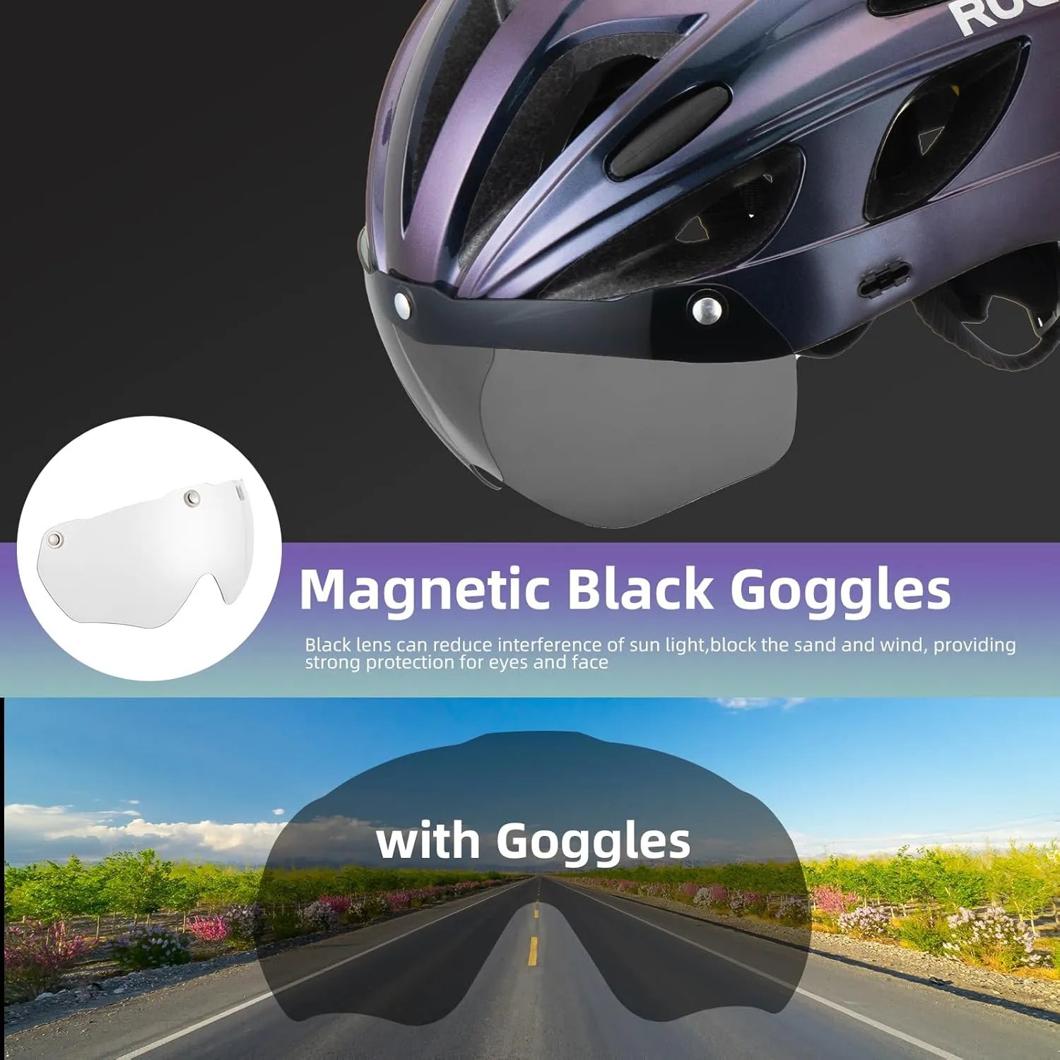 ROCKBROS Bike Helmet for Adult Men Women with Suggested Fit 58-65cm, Removable Goggles & Sun Visor, Lightweight with Adjustable Side and Chin Strap, Suitable for Myopia Glasses