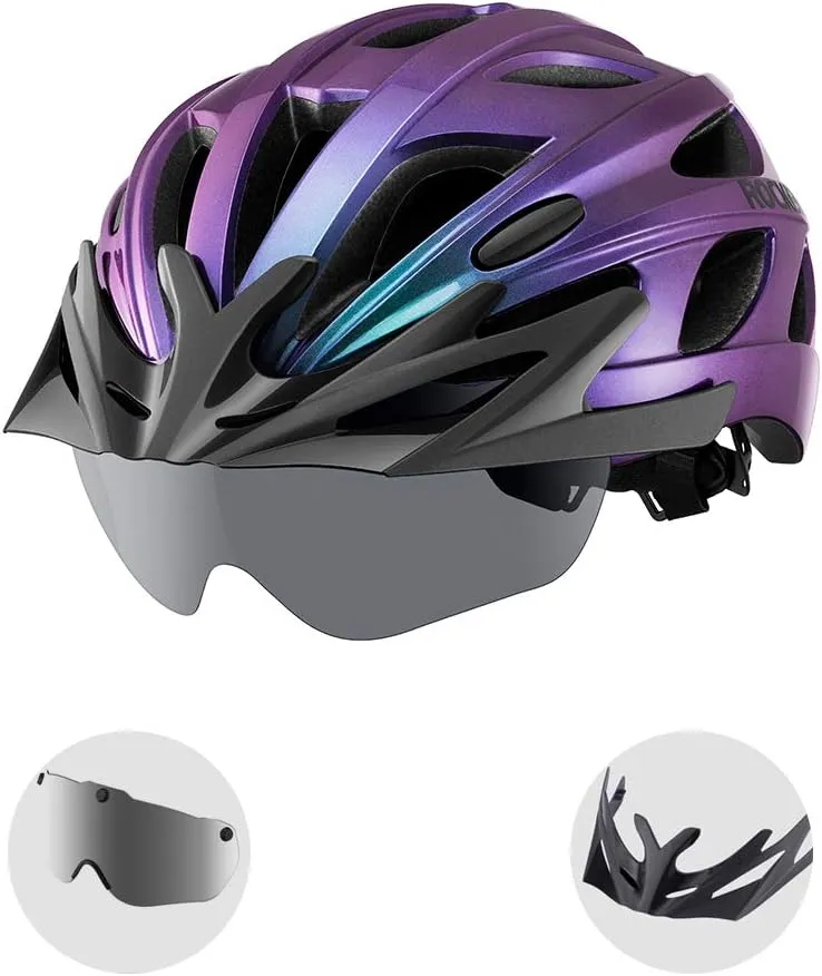 ROCKBROS Bike Helmet for Adult Men Women with Suggested Fit 58-65cm, Removable Goggles & Sun Visor, Lightweight with Adjustable Side and Chin Strap, Suitable for Myopia Glasses