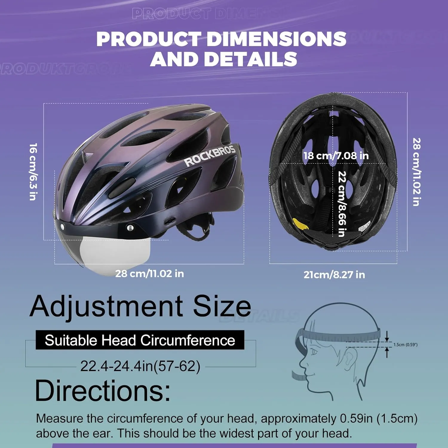 ROCKBROS Bike Helmet for Adult Men Women with Suggested Fit 58-65cm, Removable Goggles & Sun Visor, Lightweight with Adjustable Side and Chin Strap, Suitable for Myopia Glasses