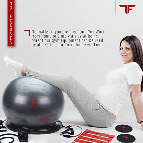 ThinkFit Anti Burst Yoga Exercise Ball 65cm & Resistance Exercise Bands Set with Handles & Stability Ring - Total Home Gym Equipment Bundle: Workout Posters, Ball Pump & Core Sliders for Fitness