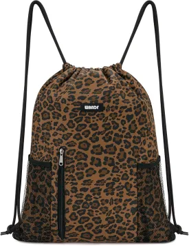 WANDF Drawstring Backpack Sports Gym Sackpack with Mesh Pockets Water Resistant String Bag for Women Men (Brown Leopard)