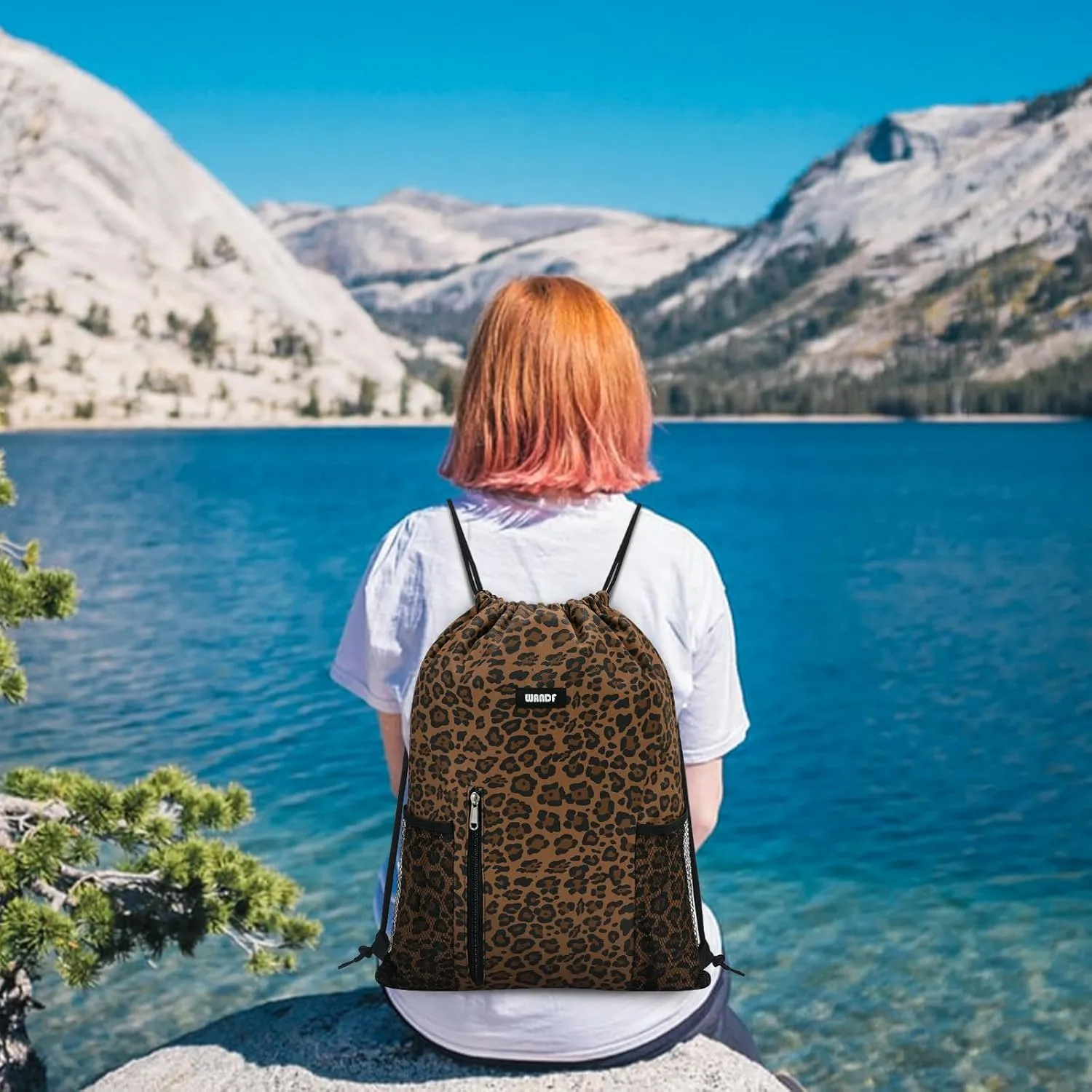 WANDF Drawstring Backpack Sports Gym Sackpack with Mesh Pockets Water Resistant String Bag for Women Men (Brown Leopard)
