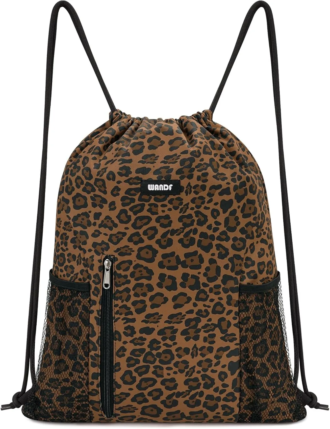 WANDF Drawstring Backpack Sports Gym Sackpack with Mesh Pockets Water Resistant String Bag for Women Men (Brown Leopard)