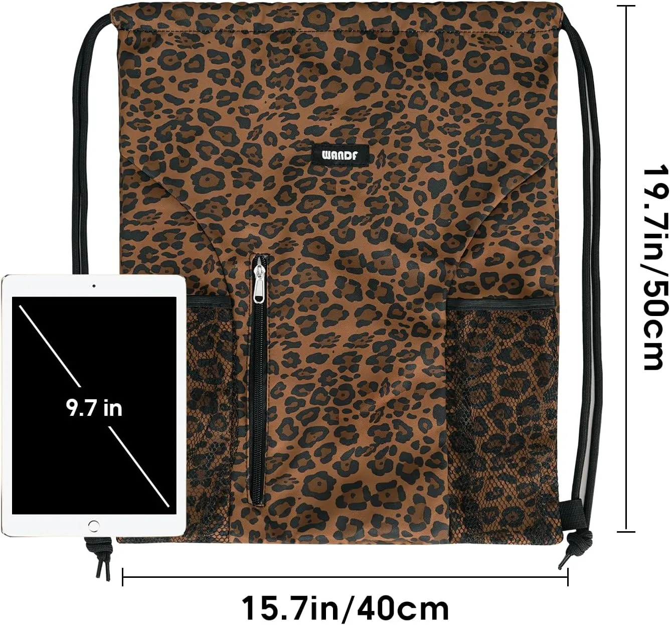 WANDF Drawstring Backpack Sports Gym Sackpack with Mesh Pockets Water Resistant String Bag for Women Men (Brown Leopard)