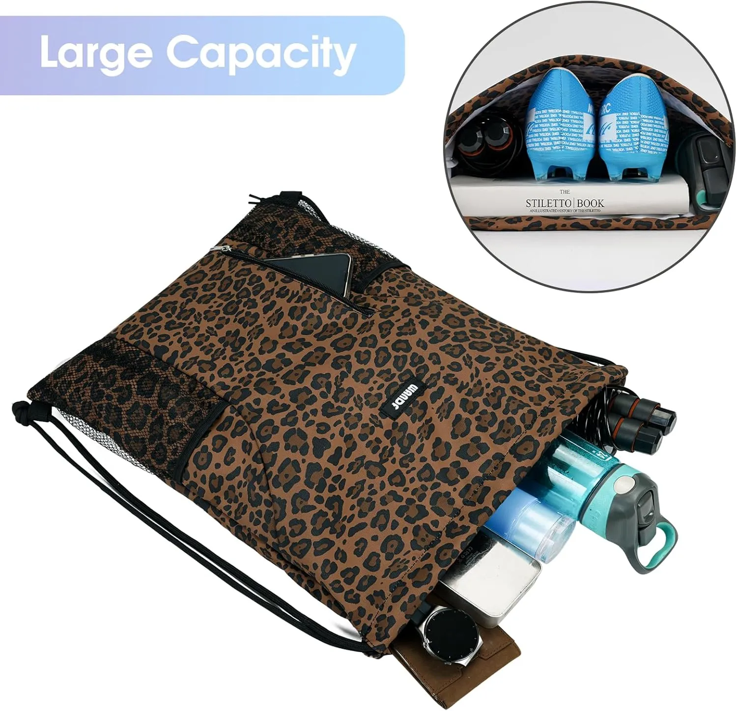 WANDF Drawstring Backpack Sports Gym Sackpack with Mesh Pockets Water Resistant String Bag for Women Men (Brown Leopard)