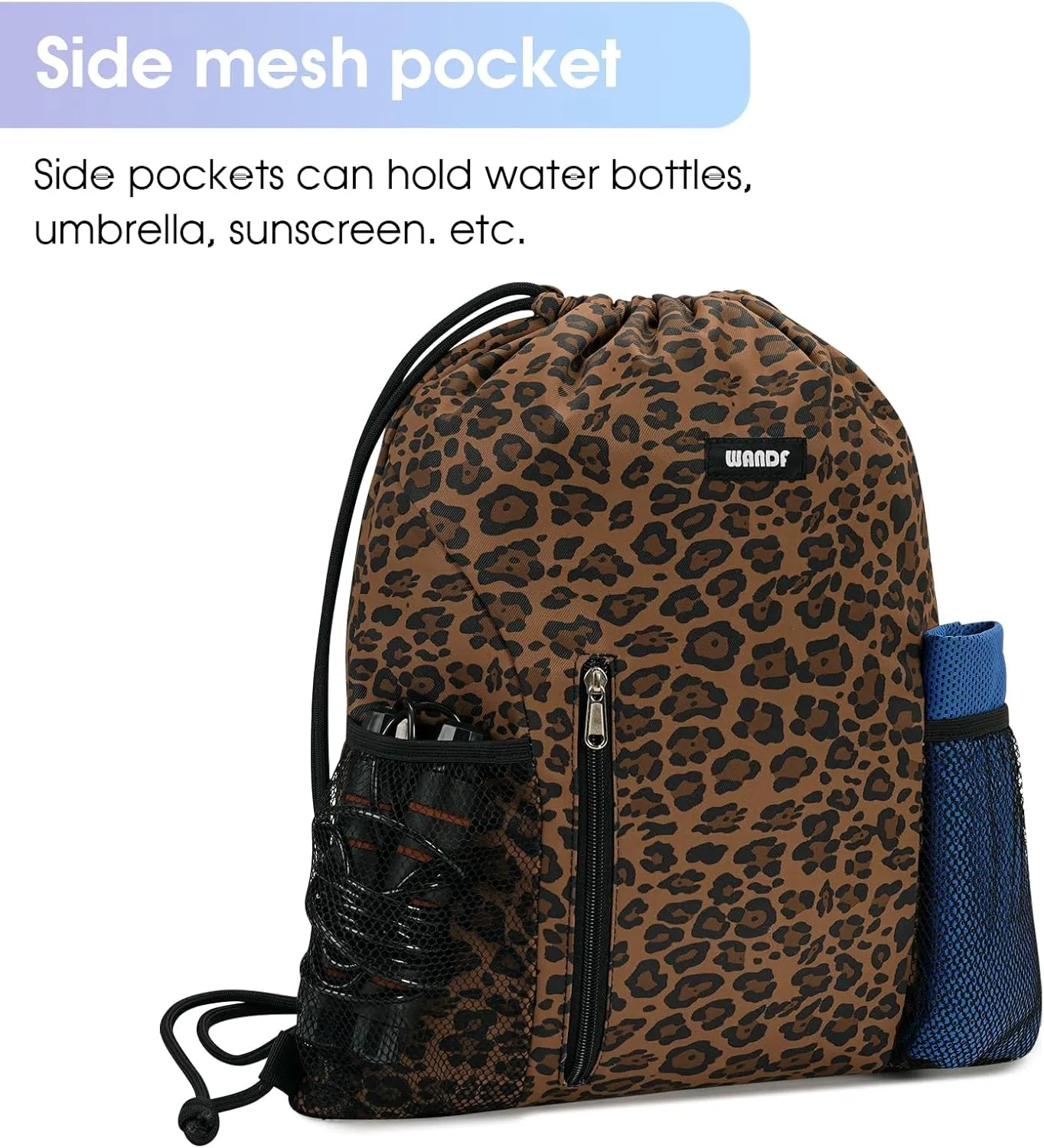WANDF Drawstring Backpack Sports Gym Sackpack with Mesh Pockets Water Resistant String Bag for Women Men (Brown Leopard)
