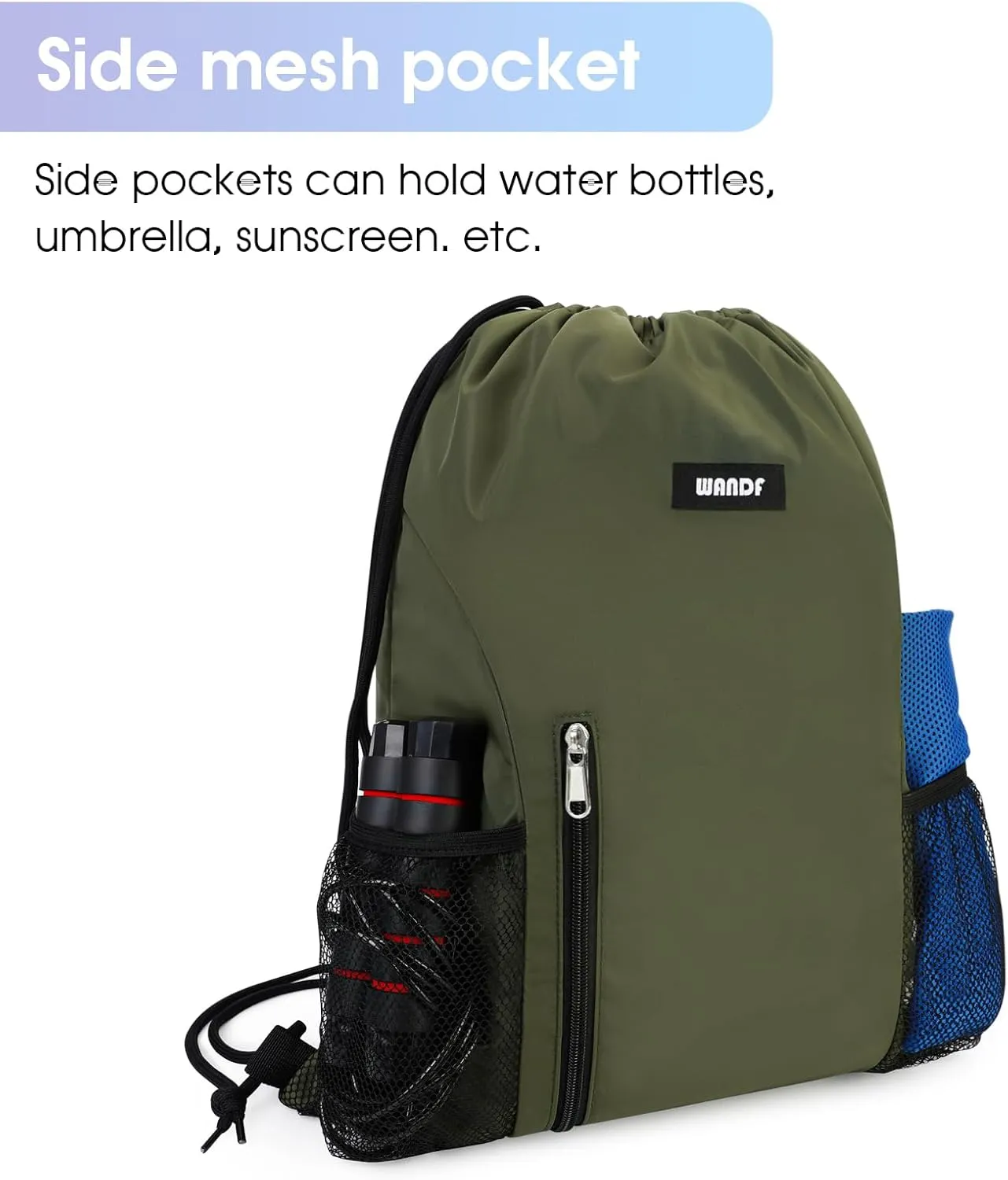 WANDF Drawstring Backpack Sports Gym Sackpack with Mesh Pockets Water Resistant String Bag for Women Men (Dark Green)