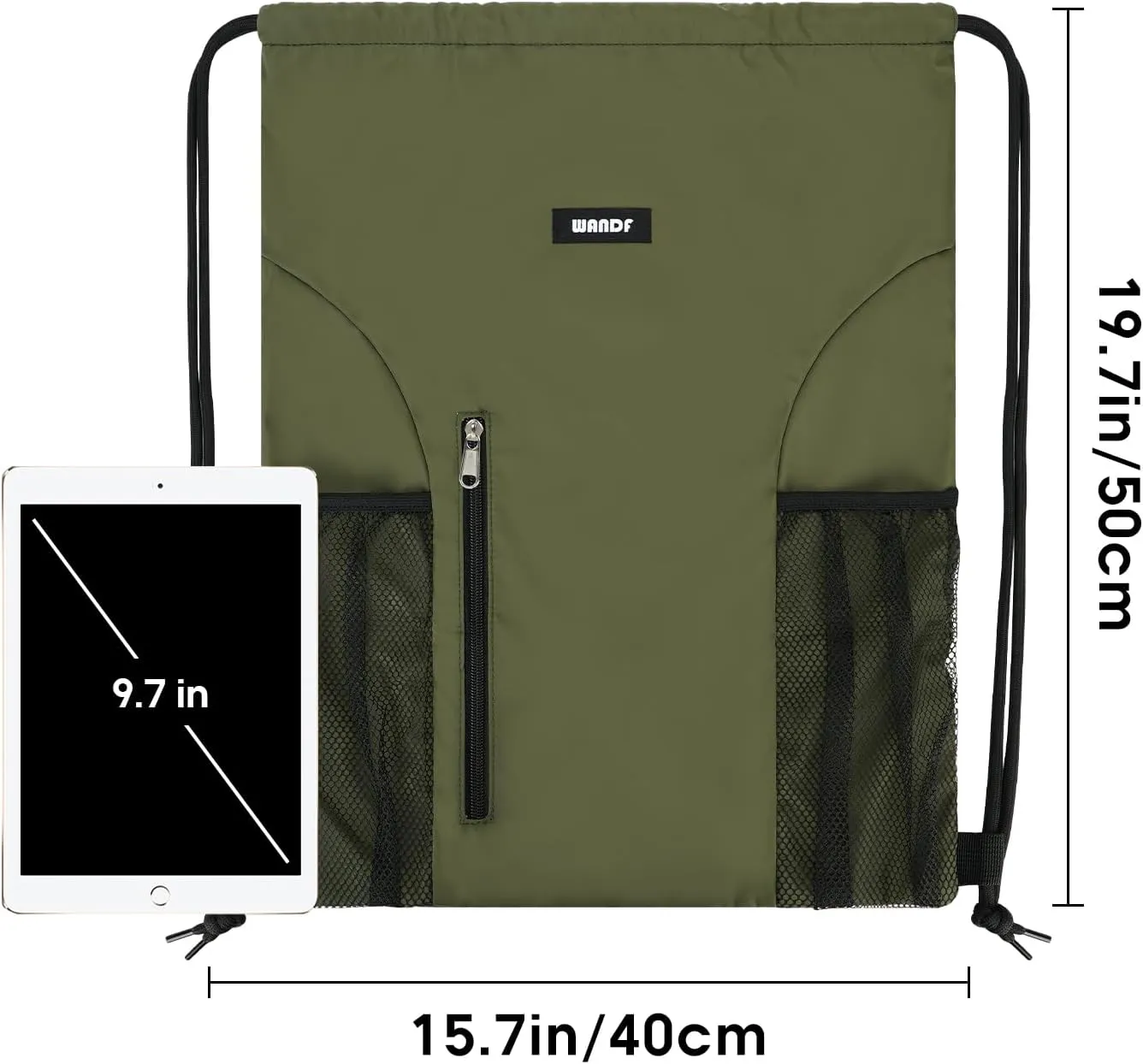 WANDF Drawstring Backpack Sports Gym Sackpack with Mesh Pockets Water Resistant String Bag for Women Men (Dark Green)