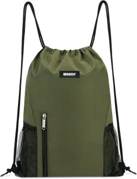 WANDF Drawstring Backpack Sports Gym Sackpack with Mesh Pockets Water Resistant String Bag for Women Men (Dark Green)