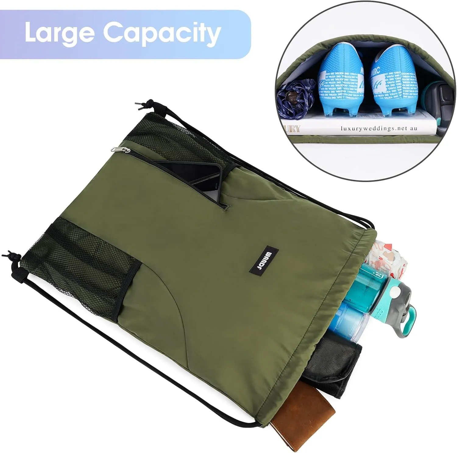 WANDF Drawstring Backpack Sports Gym Sackpack with Mesh Pockets Water Resistant String Bag for Women Men (Dark Green)