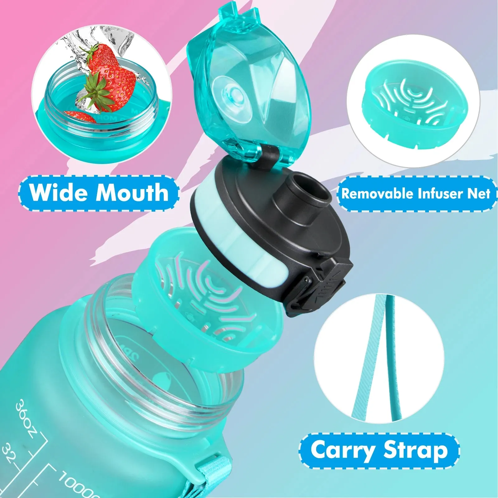 ZOMAKE 32oz Motivational Water Sport Bottle with Time Marker Leakproof BPA Free Fruit 1 Liter Travel Kettle Drinking Water Bottl